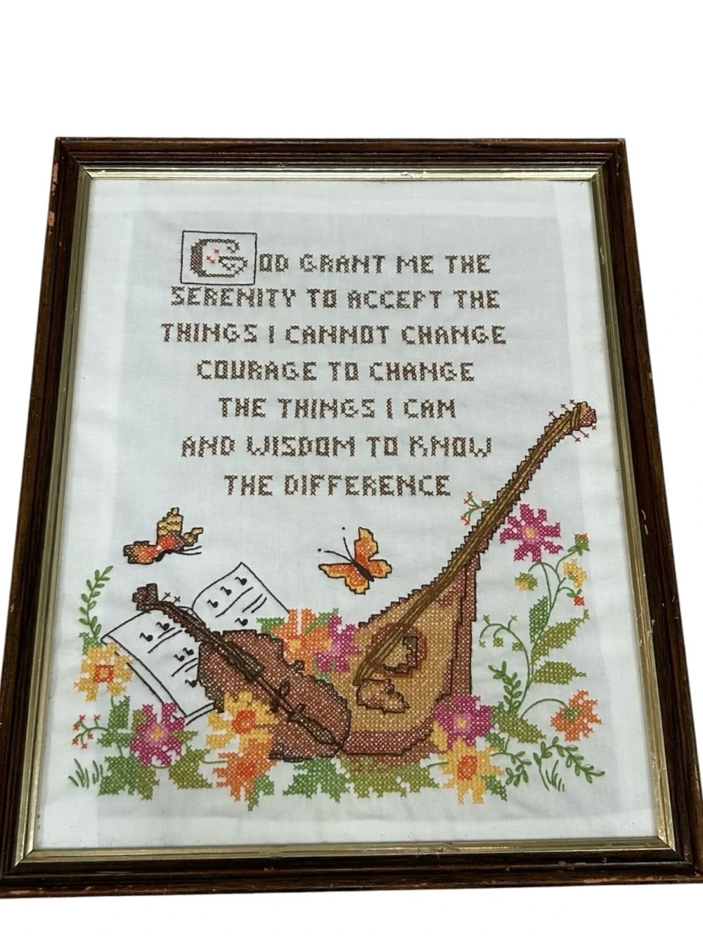 Vintage Framed Cross Stitch Serenity Prayer Wall Art, Folk Art